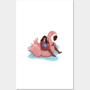 Girl Summer Illustration, Pink Flamingo Floaty Posters and Art